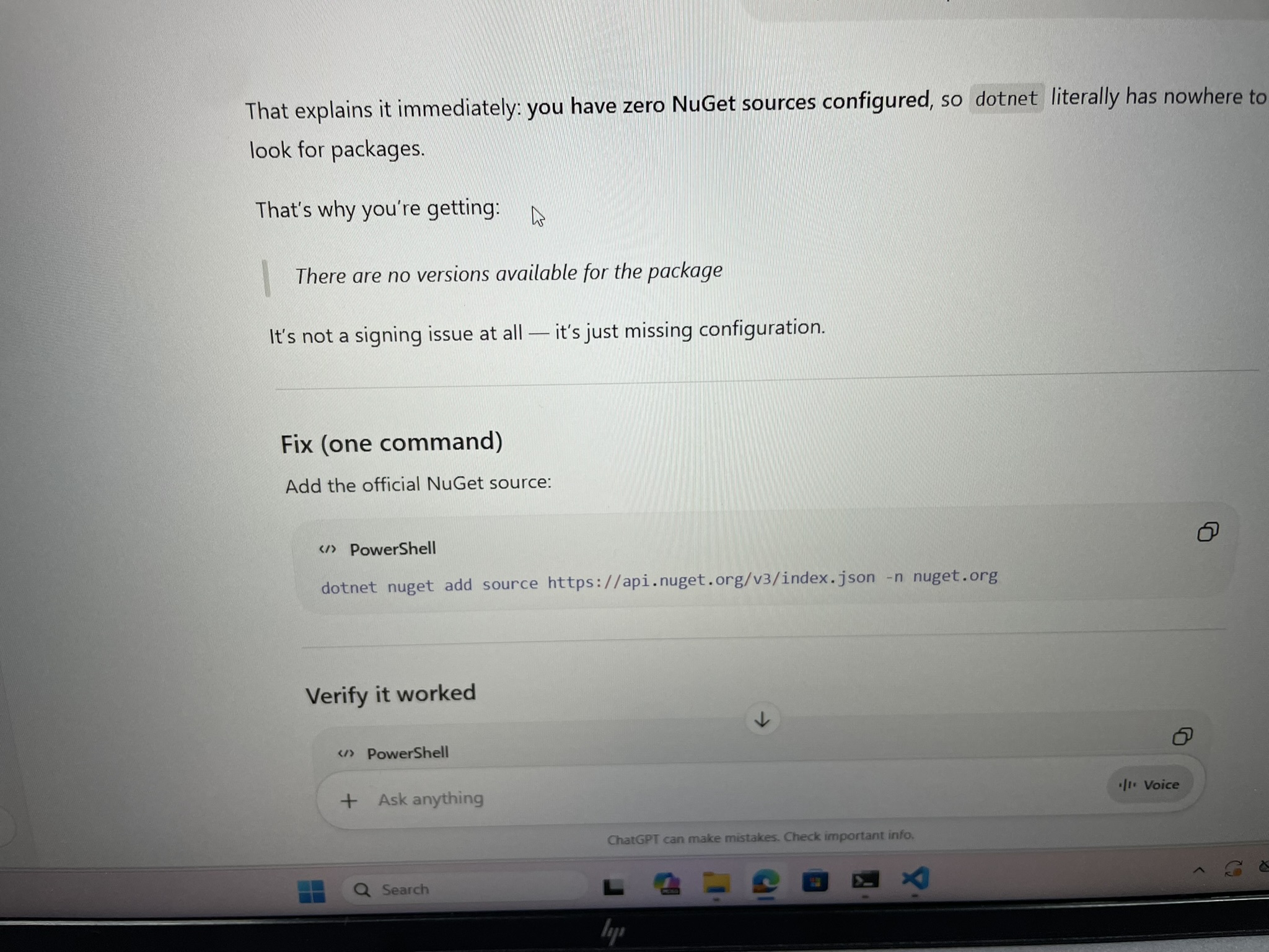 Laptop screen showing guidance for fixing a NuGet source configuration issue during the workshop